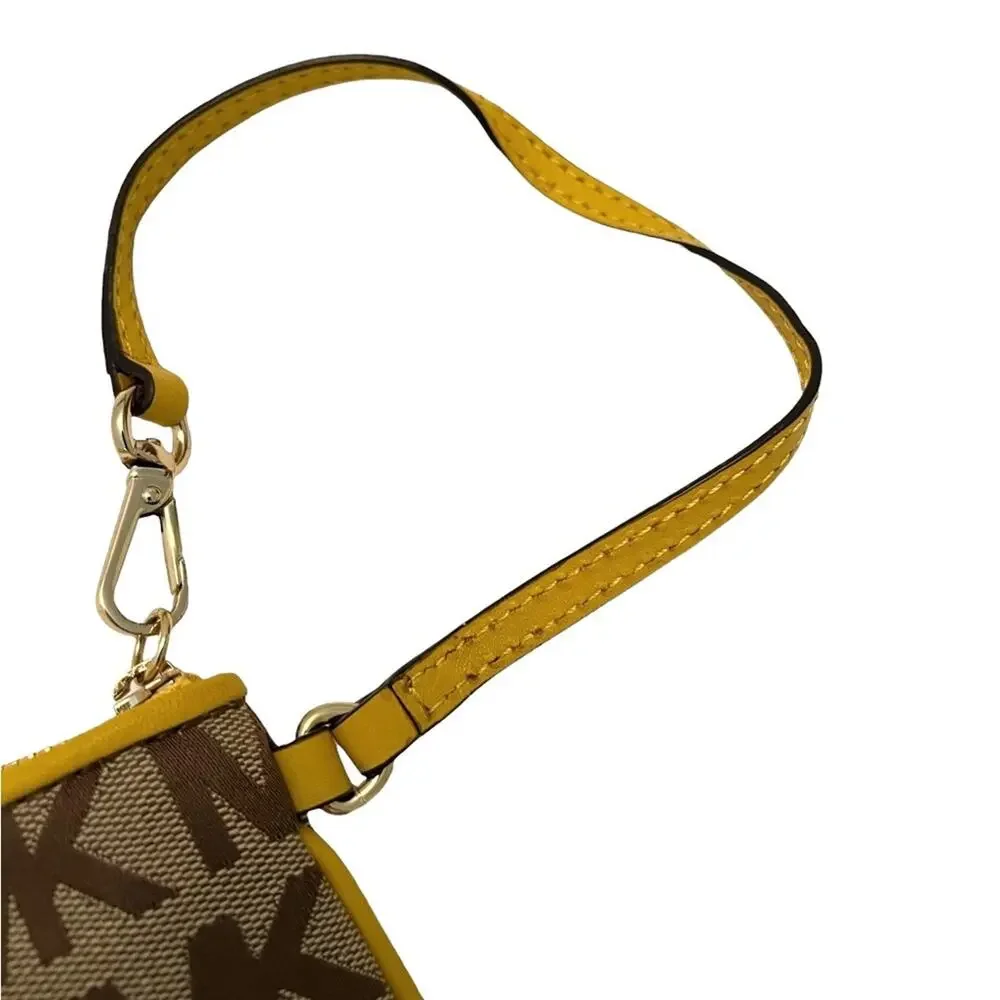 NEW MICHAEL KORS Wristlet Signature Tan & Brown Yellow Trim FAST SHIP 681-23